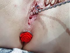 Sounding masturbation of a pierced pussy with an anal plug
