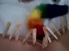 Wand Orgasm Punishment with Rainbow Foxtail Butplug and Clothes Pins Zipline